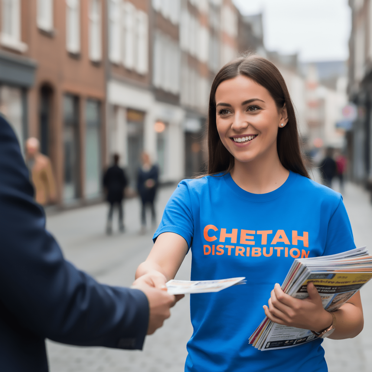 hand to hand leaflet distributor woman